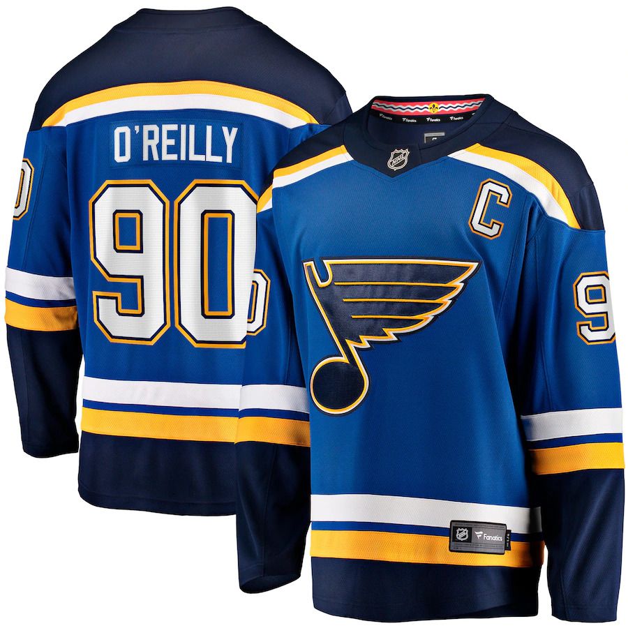 Men St. Louis Blues #90 Ryan OReilly Fanatics Branded Blue Home Captain Premier Breakaway Player NHL Jersey
